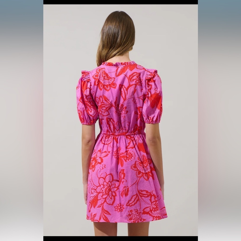 SugarLips Weirly Floral Poplin Mini Dress Red Pink Multi - Picture 2 of 7